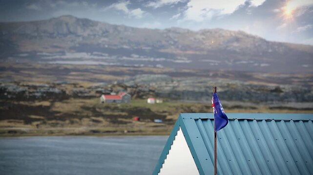 Falkland Islands Flag Over Coastal Landscape, Port Stanley, Puerto Argentino, Malvinas - 4K