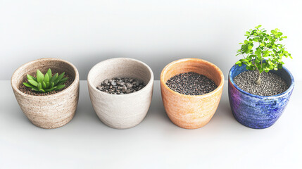 Collection of four decorative plant pots featuring various plants and pebbles, showcasing different colors and textures, perfect for home decor