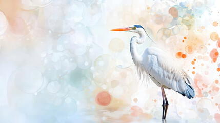 Graceful heron stands elegantly in calm waters, surrounded by soft, colorful bokeh background that enhances its beauty