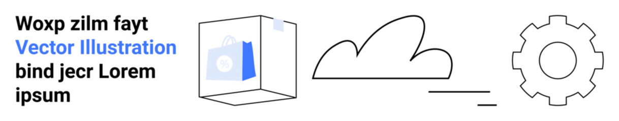 Technology, cloud services, automation, file management, networking, digital storage. Cube with a file icon, a cloud shape and a gear symbol. Technology and cloud services