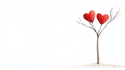 Whimsical drawing of tree with two red hearts as leaves, symbolizing love and connection. minimalist design evokes feelings of warmth