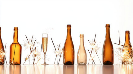 Celebrate with sparkling drinks in amber bottles, surrounded by festive sparklers, creating joyful atmosphere for special occasions