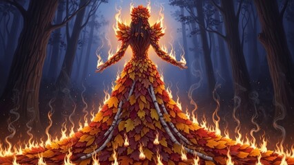 Mystical Forest Fire Goddess in Fiery Autumn Leaves Gown.