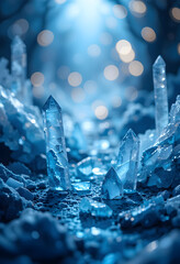 Blue watercolor gradient with crystalline reflections blurred glowing bokeh lights and textured icy mosaic feel