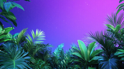 Vibrant tropical landscape featuring lush green foliage starry night sky with gradient of purple and blue hues. scene evokes sense of tranquility