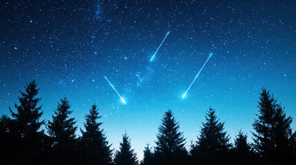Captivating meteor shower illuminates starry night sky above serene forest landscape, creating magical atmosphere