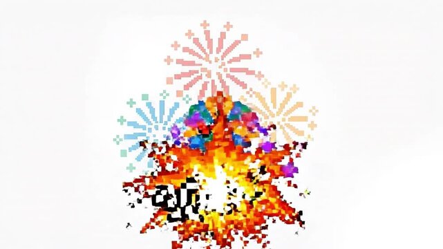 A pixel art firework retro explosion festival celebration colorful bright spark night holiday vibrant graphic joyful mood with pixel burst overlay festive display legal safe sign retro style color