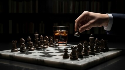 A persons hand moving a chess piece on a marble chessboard with a glass of whiskey nearby, set against a dark, sophisticated background.