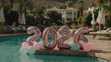 2026 Number Balloons Pink Blue Poolside Celebration in Sunny Resort Setting