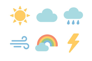 Obraz premium Weather icons representing various meteorological conditions and atmospheric phenomena, including sun, clouds, rain, wind, rainbow, and lightning, for forecast applications.
