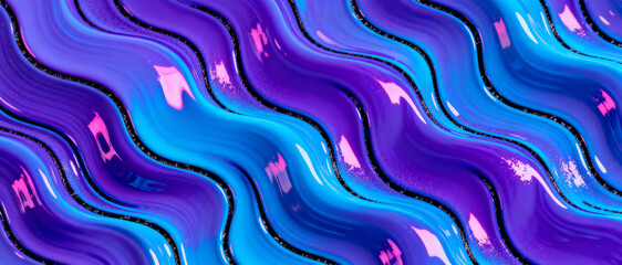 Fototapeta premium Abstract fluid waves in vibrant purple and blue tones create a dynamic pattern with glossy texture and futuristic energy