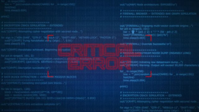 Critical Error message on a dark tech interface with code in the background. Great for system crash visuals, cybersecurity themes, warning alerts, hacking screen style and tech UI content.