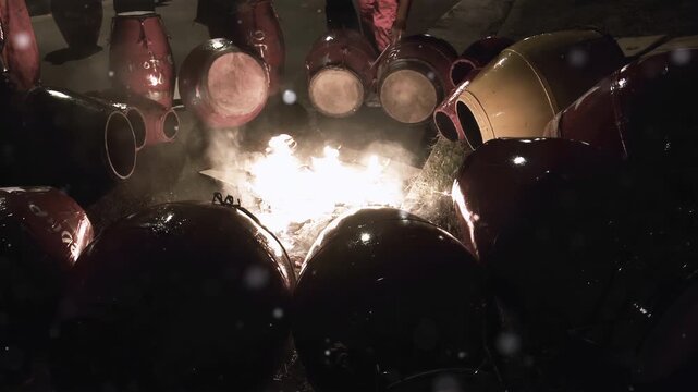 Candombe Drummers Heating and Tuning Drums Over Fire Before Llamadas Parade, Montevideo, Uruguay - 4K