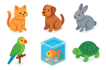 Cute cartoon domestic pets animals collection features various adorable creatures like a cat, dog, rabbit, parrot, goldfish, and turtle in a simple isometric style.