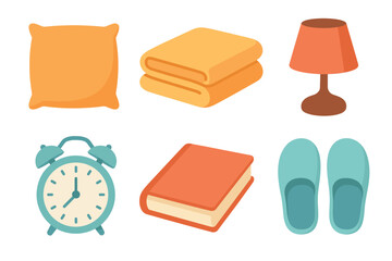 Bedroom essentials collection featuring various items like a pillow, folded towels, a lamp, and an alarm clock for comfort and rest.