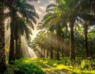 Sunbeams through a palm grove