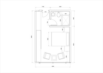 2D architectural floor plan detailing the layout of a compact single-bedroom unit for a hotel or residence. Shows the arrangement of furniture related to efficient Small Space Layout and Hospitality