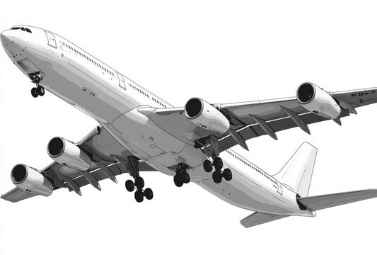 A commercial aircraft manufacturer a340 airplane in white color with detailed textures and realistic shading, depicted in a modern digital art style