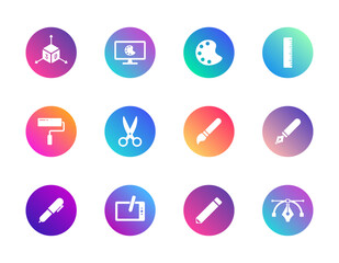 Design, creativity, tools. Vector set of 12 round gradient icons featuring 3D modeling, drawing, painting, and graphic design elements for digital art and creative UI.