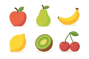 Obraz premium Various fresh fruits in a flat design style collection featuring an apple, pear, banana, lemon, kiwi, and cherries, perfect for healthy eating concepts.