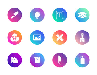 Design tools, creativity, UI. Vector set of 12 round gradient icons featuring eyedropper, layers, text, color, brush, and editing tools for graphic design and digital illustration.
