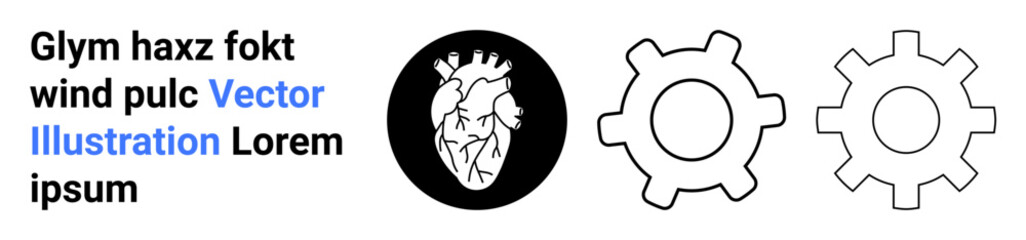 Biomedical science, human-machine interaction, technology innovation, anatomy, engineering, connection. Black heart icon alongside outlined gear symbols. Biomedical science and human-machine