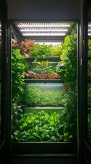 A vertical farm with lush greenery under LED lamps demonstrates an innovative approach to growing plants in enclosed spaces, emphasising the environmental friendliness 