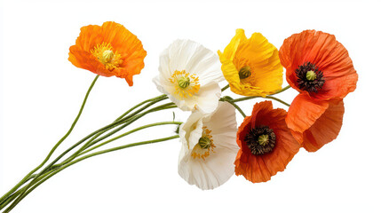 Beautiful poppy flowers in vibrant colors of orange, yellow, and white, arranged elegantly with green stems, evoke sense of joy and freshness