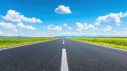 Scenic view of long, empty road stretching into distance under bright blue sky with fluffy clouds, surrounded by green fields