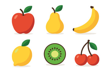 Obraz premium Colorful collection of fresh fruits in a vibrant flat design style, including apples, pears, bananas, lemons, kiwis, and cherries, representing healthy eating and natural food concepts.