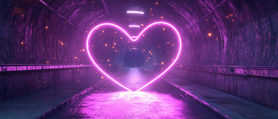 A huge neon heart shines in the tunnel, creating an atmospheric backdrop for romantic stories, art projects or advertising related to love and emotions.