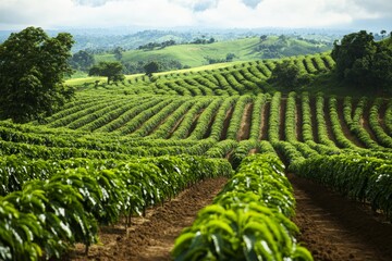 Panoramic view of a vast coffee plantation stretching across rolling hills, with lush green rows of coffee plants and distant mountains