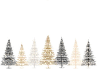 golden and black christmas tree pattern; modern line art; transparent (white) background