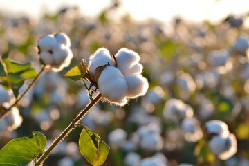 A close-up view of a fully opened cotton boll, backlit by warm sunset light, with a field of cotton plants blurred in the background