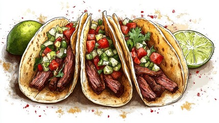Three appetising tacos with juicy meat and fresh vegetables are ideal for creating a vibrant culinary backdrop for menus or advertising banners.