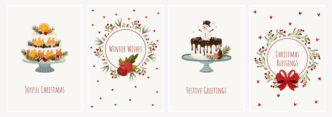 Set of Christmas Greeting Cards with Cakes, Wreaths and Holiday Messages. Soft winter style perfect for printing, gift tags, invitations, postcards, packaging, seasonal branding