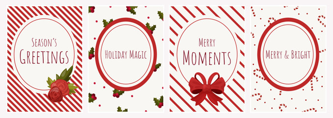 Set of Christmas Greeting Cards. Festive Red & White Holiday Designs. Ideal for printable holiday postcards, gift tags, invitations, social media posts and seasonal branding
