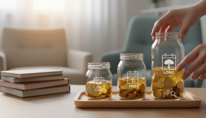 Saving money compound interest retirement concept with jars filled with gold coins on wooden tray and hand putting coin in jar