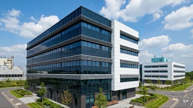 Modern Corporate Office Building with Glass Facade in a Sunny Business Park Landscape on a Clear Day