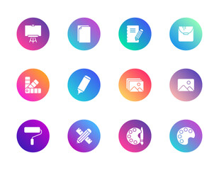 Art, design, documentation. Vector set of 12 round gradient icons featuring painting tools, writing, files, and creative elements for UI, education, and digital design.