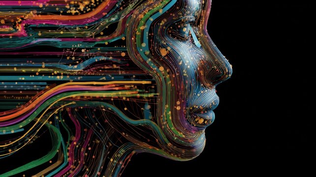 Digital Mindscape: Abstract portrayal of a human head dissolving into a vibrant stream of digital data and colorful energy.