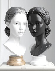 Two contrasting female busts, one white, one black, on pedestals