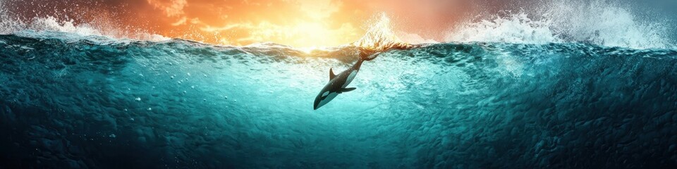 Obraz premium Orcas breaching water surface, dynamic and detailed underwater perspective, 3D illustration