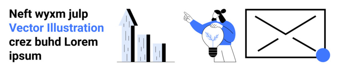 Business growth, innovation, communication, data analysis, strategy, future planning. Graph, person with lightbulb envelope. Business growth and innovation concept