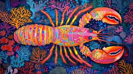 A psychedelic lobster painted in swirling, vibrant colors with glowing patterns, crawling along a surreal ocean floor filled with abstract coral.