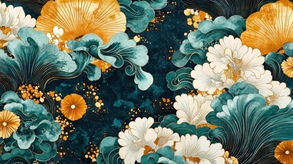 Abalone depicted in a Japanese ukiyo-e style, surrounded by stylized waves and sea creatures, with muted yet elegant tones, cultural and artistic.