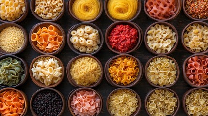 A selection of various pasta dishes and sauces in wooden bowls showcases the richness of Italian cuisine, ideal for creating an atmospheric backdrop for culinary blogs or restaurant menus.