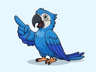 Cartoon blue macaw parrot pointing upwards with open mouth