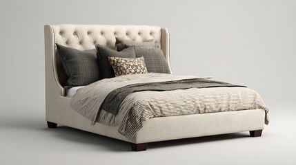 Elegant isolated bed with neutral tones and decorative pillows for e-commerce display  
