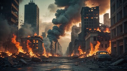 City engulfed in flames and smoke after a devastating disaster